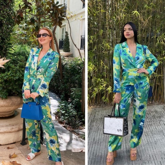 🦜 ZARA GREEN BLUE YELLOW FLORAL SATIN WIDE LEG LONG SLEEVE JUMPSUIT! - Picture 10 of 16